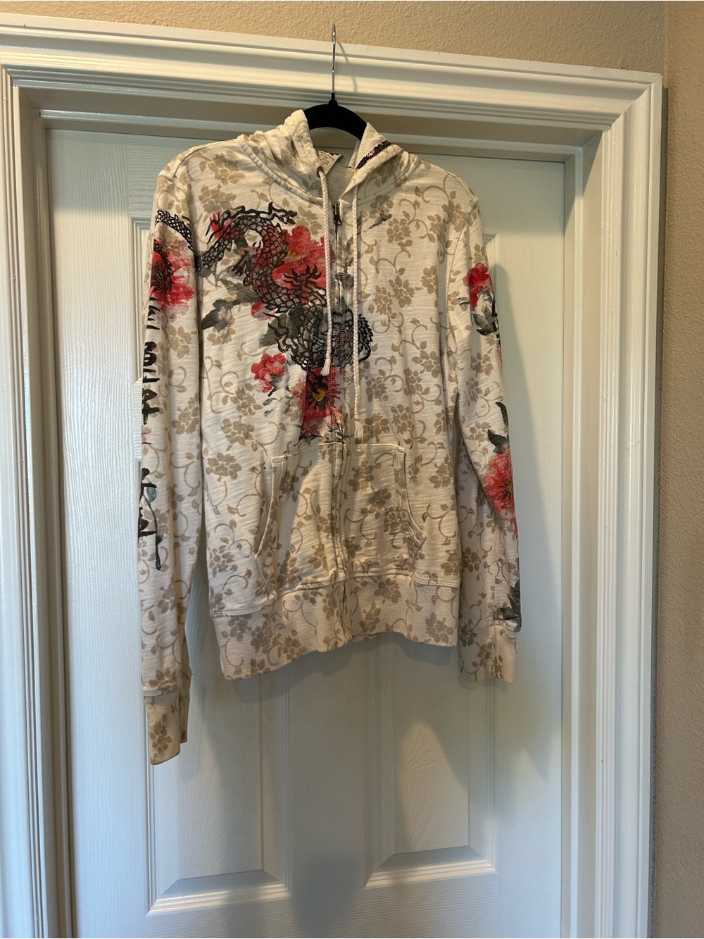 Women’s Lucky Brand Cream Floral & Dragon Zip Hoodie, Sz M